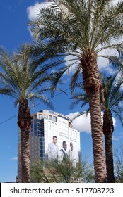 PHOENIX, AZ, USA - FEBRUARY 7, 2009: The Bank Of America Tower With Advertisement For The 2009 NBA All Star Game Yao Ming, Dwayne Wade And Dwight Howard That Was Held In The City That Year.