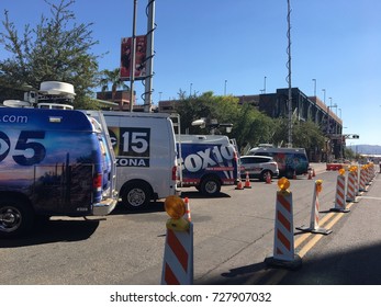 PHOENIX, AZ, USA - OCTOBER 4,  2017:  Local Major News TV Agencies Parked Next To DBack Arena In Anticipation Of Do Or Die Game, Phoenix Downtown