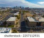 Phoenix downtown skyscrapers skyline aerial view on Washington Street from Capitol in city of Phoenix, Arizona AZ, USA. 