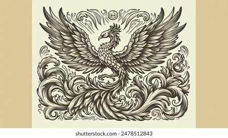Phoenix ornate, retro line illustration vector illustration