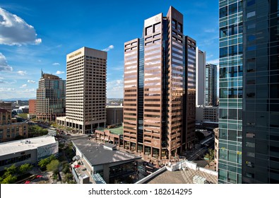 PHOENIX, USA - FEBRUARY 4: skyscrapers seen from the top of CityScape Phoenix on the corner of Washington & Central on February 4, 2014. Washington St & Central Ave is the heart of Downtown Phoenix.