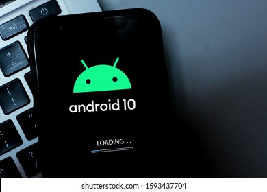 Phone with the Android Q 10 logo which is the tenth main launch of the Android mobile operating system.
Sunday, November 17, 2019, New York, United States.
