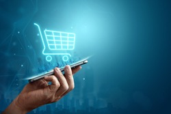 Telefon Und Korbhologramm. Online-Shopping, Online-Shop-Anwendung In Einem Smartphone. Digitales Marketing Online