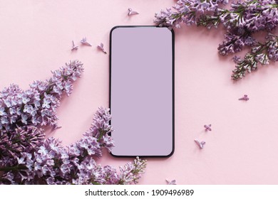 Phone with blank screen and lilac flowers border flat lay on pink paper. Smartphone mock up. Digital online spring greeting card with space for text. Happy mothers day and Womens day concept - Shutterstock ID 1909496989