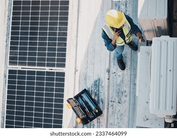 Phone call, air conditioner and maintenance person conversation about ac repair, roof inspection or check HVAC machine. Top view rooftop, smartphone chat and technician talking about aircon service