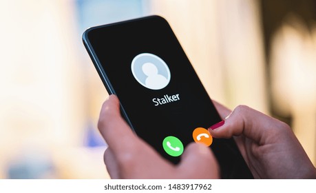 Phone Call From A Anonymous Stalker. Stalking Or Bullying With Phone Concept. Stalker Caller, Scammer Or Stranger. Woman Answering A Incoming Call. Ex Boyfriend With Fake Identity.