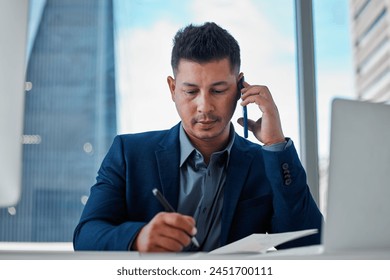 Phone call, business man and writing notes for deal, info or planning schedule reminder in corporate office. Smartphone, notebook and serious advisor talking for connection, listening or conversation - Powered by Shutterstock