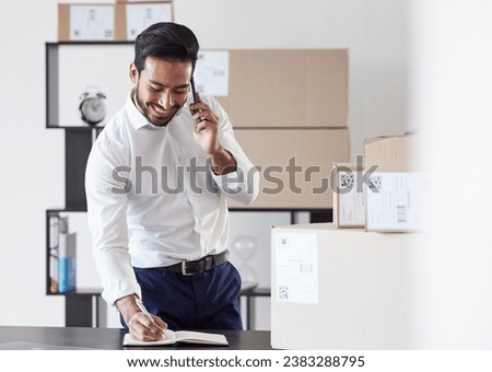 Phone call, business notebook and happy man with delivery notes, writing order schedule or planning shipping distribution. Supply chain, ecommerce planner or logistics person talk with cellphone user