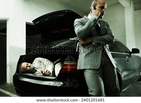 Phone call, car and man with hostage in trunk for negotiation, kidnapping danger and crime. Mafia, gangster criminal and business person in boot for financial crisis, debt and payment in parking lot