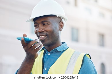 Phone Call, Construction Worker And Black Man In The City Working On Building Construction Project. Safety, Engineer And 5g Mobile Smartphone Communication Or Cellphone With Voice Assistant Or Note