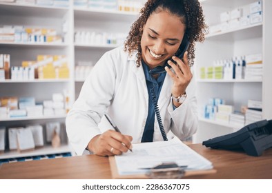 Phone call, counter and pharmacy woman for medicine, customer service or virtual healthcare support. Happy doctor, medical person or pharmacist for checklist, writing notes and telephone at help desk - Powered by Shutterstock