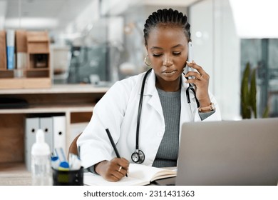 Phone call, doctor and black woman writing notes for medical planning, schedule and agenda. Healthcare, clinic and female worker talking on smartphone for consulting, medicare service and discussion - Powered by Shutterstock