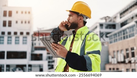 Phone call, engineer and tablet with man in city for architecture, building or communication. Construction site, contractor and project manager with person in outdoor for urban development update
