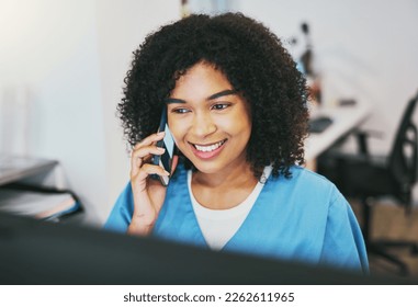 Phone call, happy and woman nurse in the hospital working on a computer for medical reports. Healthcare, technology and professional African female doctor on a mobile conversation in medicare clinic. - Powered by Shutterstock