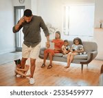 Phone call, home and child on leg of father for playing, tantrum and discipline together in living room. Family, relax and girl kid clinging dad on floor for bad attitude and sad in lounge at house.