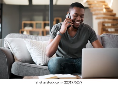 Phone call, laptop or black man with communication for networking, telemarketing or planning schedule in living room. Remote work or employee smartphone for contact us, consulting or SEO planning - Powered by Shutterstock