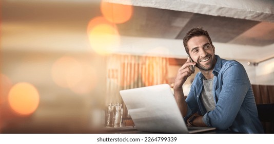 Phone call, laptop and man in coffee shop for remote work, client contact and online connection. Communication, business mockup and freelance male talking, networking and conversation on smartphone - Powered by Shutterstock