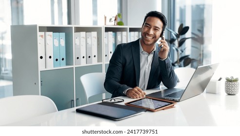 Phone call, laptop and talking business man, bank consultant or advisor feedback on research report, project or data. Smartphone chat, administration and corporate person consulting on online account - Powered by Shutterstock