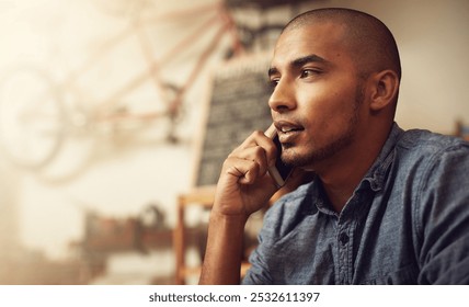 Phone call, listening and man in store, talking and communication with supplier, order and planning. Bike shop, entrepreneur and person with mobile, chat and schedule for delivery and small business - Powered by Shutterstock