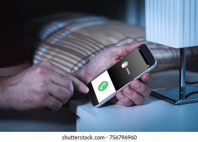 Phone Call In The Middle Of The Night. Drunk Or Prank Calling To Ex Girlfriend With Smartphone In Bedroom. Love Confession. Hacker Or Criminal With Cellphone.