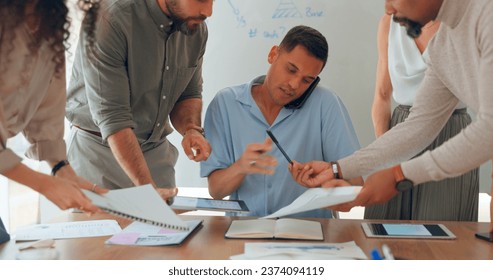 Phone call, multitasking and man with workflow crisis, business and conversation with planning, deadline and schedule. Chaos, manager and employees with admin, overworked or documents in a workplace