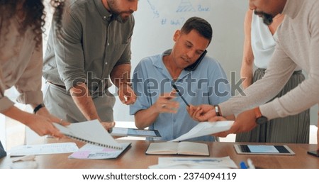 Phone call, multitasking and man with workflow crisis, business and conversation with planning, deadline and schedule. Chaos, manager and employees with admin, overworked or documents in a workplace