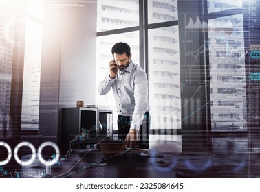Phone call, overlay and business man with data analysis, stock market results and graphs, charts or finance trader. Professional person talking on mobile for trading news or advice in office chat