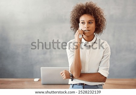 Phone call, remote work and thinking with business woman in office on mockup space for communication. Conversation, discussion and problem solving with employee speaking on mobile for networking