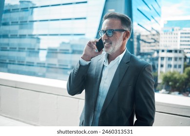 Phone call, rooftop and businessman by office in city for corporate legal negotiation for contact. Communication, technology and mature male lawyer on mobile discussion with cellphone in town. - Powered by Shutterstock