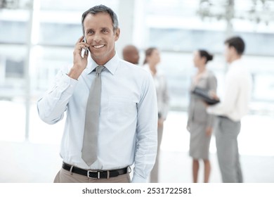 Phone call, smile and business man in office lobby for client, communication and b2b networking. Happy, corporate worker and career conversation with legal discussion, partnership and collaboration - Powered by Shutterstock