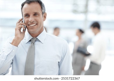 Phone call, smile and businessman for client, communication and b2b networking in office lobby. Happy, corporate worker and career conversation with legal discussion, partnership and collaboration - Powered by Shutterstock