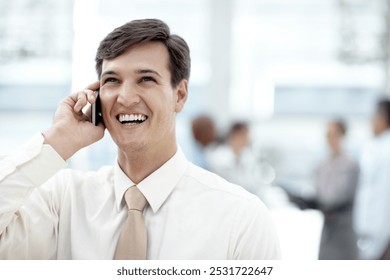 Phone call, smile and businessman for internship, conversation or b2b networking in office lobby. Happy, corporate worker and career communication with legal discussion, partnership and collaboration - Powered by Shutterstock