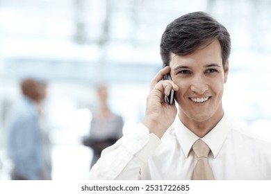 Phone call, smile and businessman for internship, communication or b2b networking in office lobby. Happy, corporate worker and career conversation with legal discussion, partnership and collaboration - Powered by Shutterstock