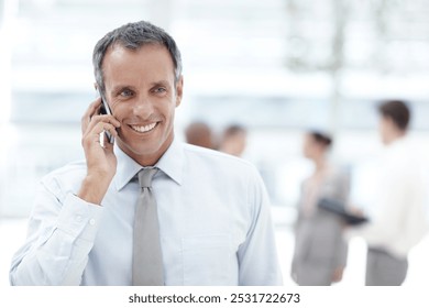 Phone call, smile and businessman in office lobby for client, communication and b2b networking. Happy, corporate worker and career conversation with legal discussion, partnership and collaboration - Powered by Shutterstock