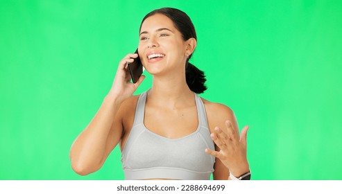 Phone call, smile and excited with a woman on a green screen background in studio for communication. Mobile, contact and conversation with an attractive young female chatting against chromakey mockup