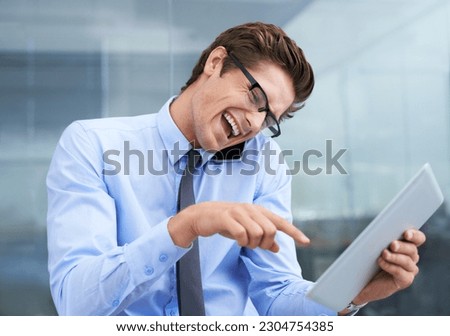 Phone call, tablet and laughing business man reading funny meme, corporate joke or news article story. Cellphone communication, pointing and talking person laugh at online web info, media or email