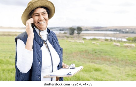 Phone call, veterinarian and woman on farm talking or chatting to contact with checklist outdoors. Agro, agriculture and happy elderly doctor with clipboard and 5g mobile smartphone for networking. - Powered by Shutterstock