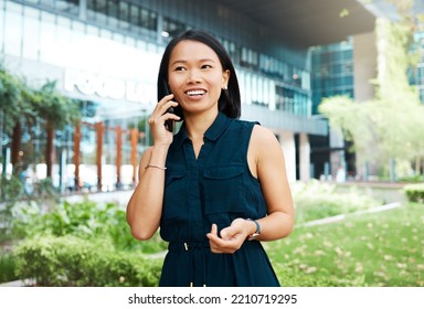 Phone Call, Woman And Happy Outdoor Business .conversation. Businesswoman In Indonesia Walking, Talking And Deal Outside Office. Communication, 5g And Networking, Success For Consultant Girl On Call.