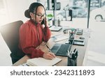 Phone call, writing and business woman in office for planning, schedule or research. Calendar, networking and administration with female employee in agency for communication, technology or connection