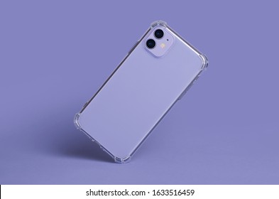 Phone case mockup isolated on purple background. iPhone 11 and 12 in clear silicone case falls down back view very peri 2022 color