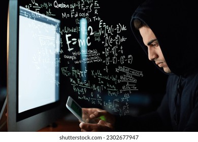 Phone coding, computer and hacker man with software code, password hacking and math or digital overlay. Online crime, cybersecurity and programmer person in hoodie, mobile app or pc and data hologram