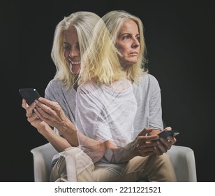 Phone Communication, Bipolar And Senior Woman Typing On Mobile App With Mental Health Problem Against A Black Mockup Studio Background. Elderly Person With Schizophrenia, Depression Or Anxiety On Web