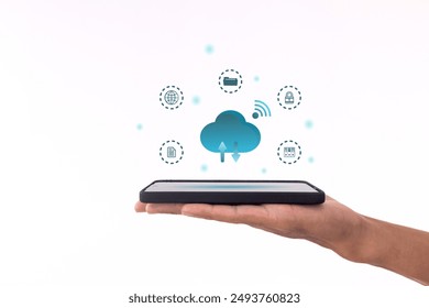 Phone data backup and cloud data storage concept. Man using a smartphone to upload and download data to cloud storage.