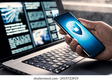 Phone data cyber security to protect from hacker or fraud. Website service attack safety for mobile and laptop computer. Cybersecurity and electronic crime protection. Spy or scammer using smartphone.