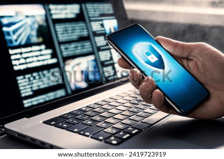 Phone data cyber security to protect from hacker or fraud. Website service attack safety for mobile and laptop computer. Cybersecurity and electronic crime protection. Spy or scammer using smartphone.