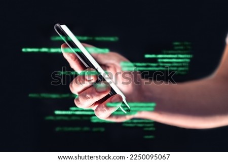 Phone data hack, scam or fraud. Online cyber hacker or scammer online. Antivirus security against spyware, ransomware, phishing and cybersecurity threat. Web spy tech in cellphone. Mobile crime.