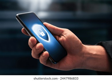 Phone data security protect from scam and mobile crime. Online privacy and cyber safety with cell app password. Spy, spyware or identity theft. Smartphone antivirus software. Scammer or internet thief