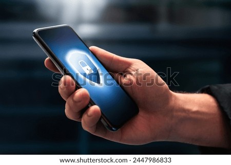 Phone data security protect from scam and mobile crime. Online privacy and cyber safety with cell app password. Spy, spyware or identity theft. Smartphone antivirus software. Scammer or internet thief