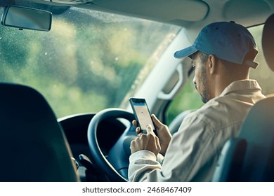 Phone, driver or delivery man with location for cargo, stock or package address in shipping business. Parcel order, online or courier driving for van transportation, supply chain or freight schedule - Powered by Shutterstock