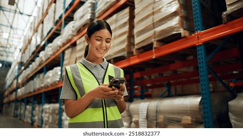 Phone, engineer and woman in warehouse for shipping, distribution or stock inspection on app. Mobile, logistics and happy factory worker check inventory for export, supply chain and quality control - Powered by Shutterstock